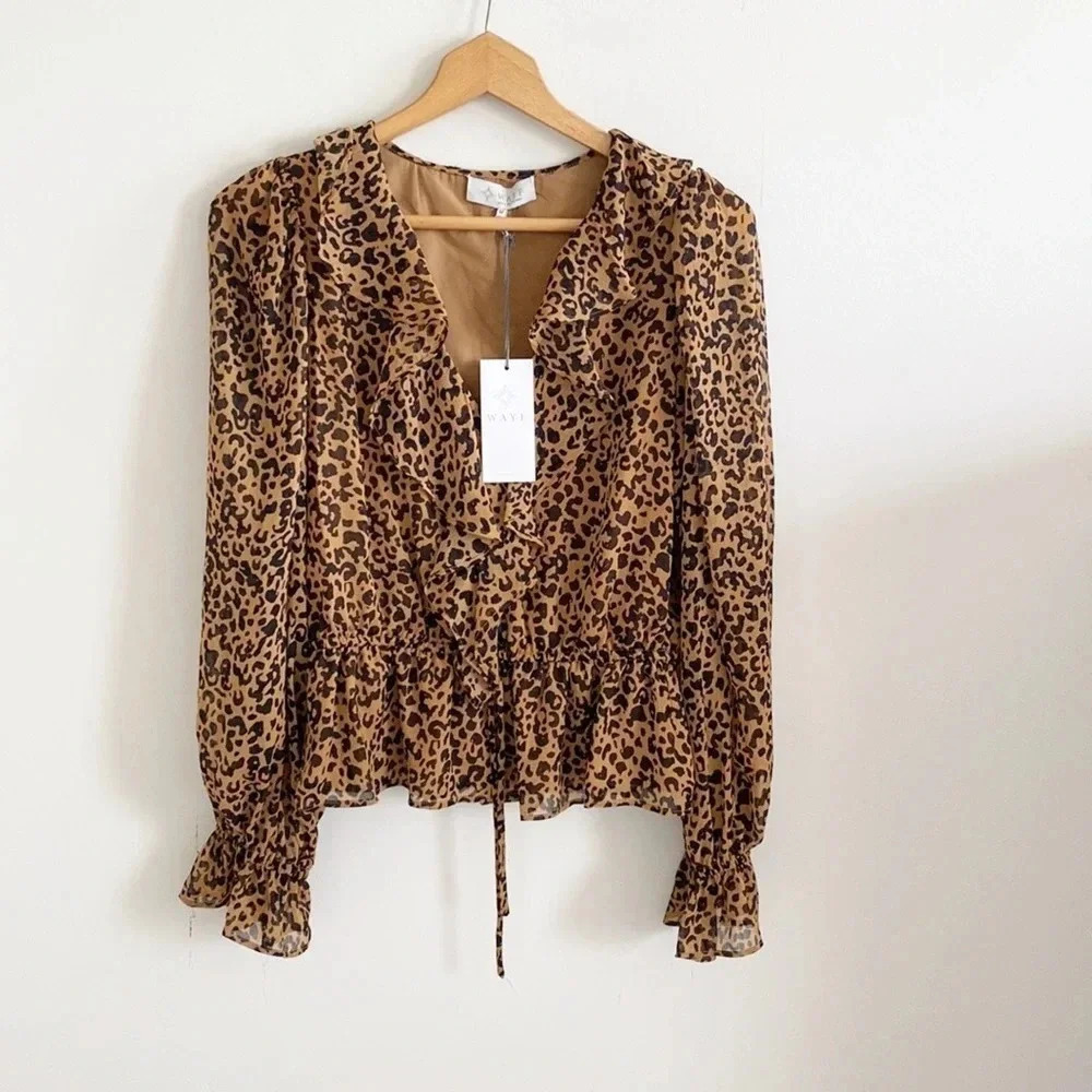 Wayf cheetah print ruffled v-neck long sleeve peplum top NWT